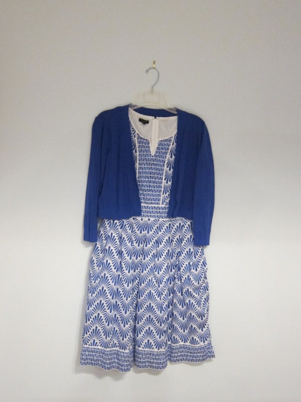 Sleeveless Cotton Deep Periwinkle Blue & White Print Dress with Matching Shrug